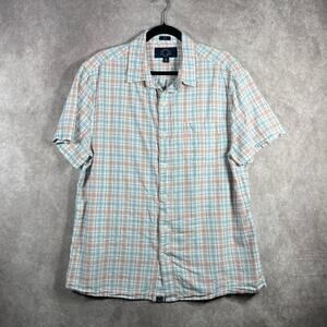Even Tide Lei Shirt Mens XL Coral Aqua Plaid Cotton Linen Blend Button Up Casual